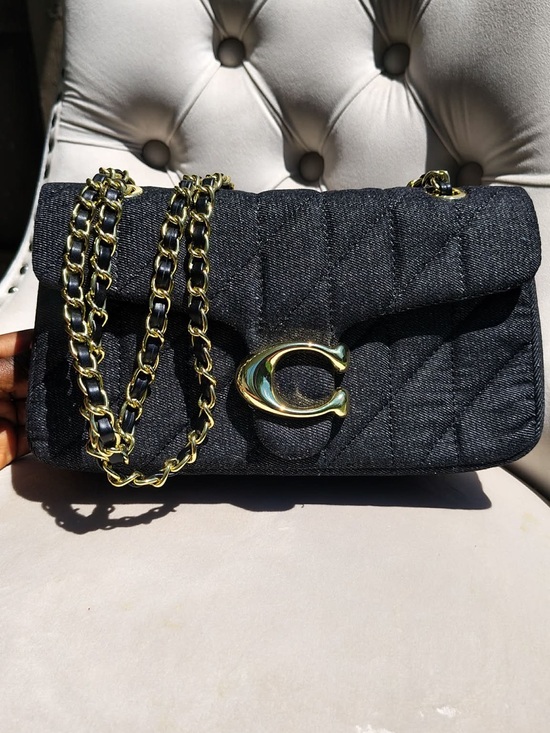 T.La Handbags - Luxury Quilted Black Denim Shoulder Bag with Gold Hardware